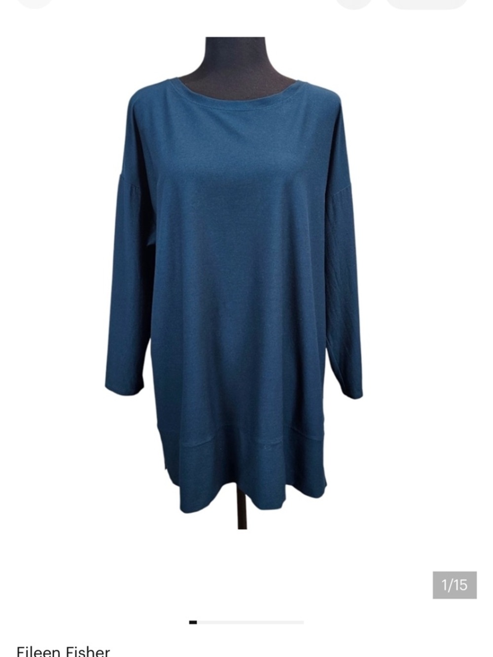 Eileen Fisher Womens Tunic Top Medium Teal Relaxed Stretchy 3/4 Sleeve Office